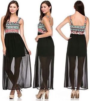 Finesse Aztec Print Maxi Dress XS S Boho Geometric Tribal Sheer Chiffon Festival